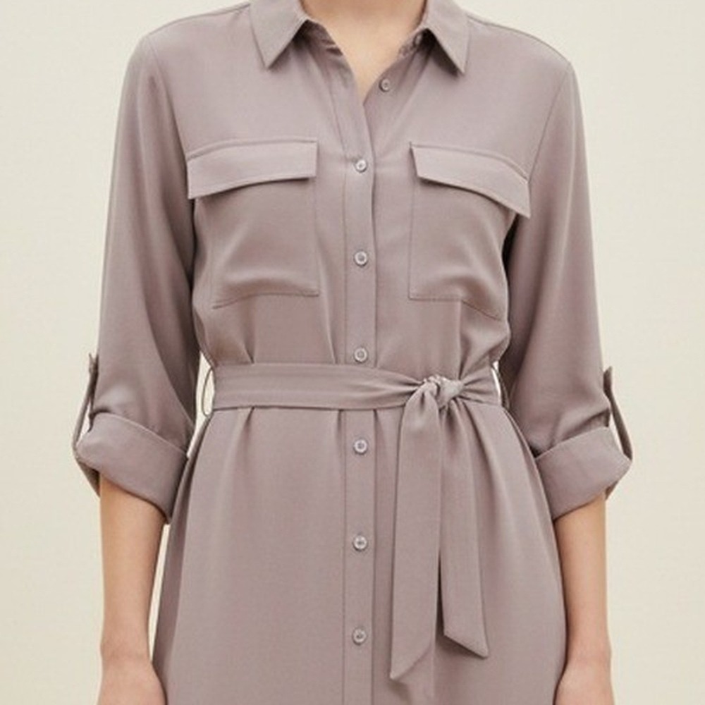 Mystree NWT Belted Midi Shirt Dress Womens S Lavender Taupe Roll Tab Sleeve